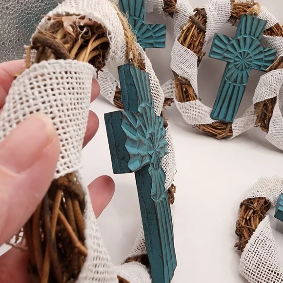 5 Wreaths Rustic Turquoise Teal Crosses Handmade Religious 6" - Picture 4 of 4